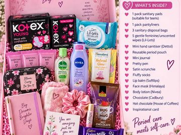 Self-care gift set with feminine hygiene and beauty products.