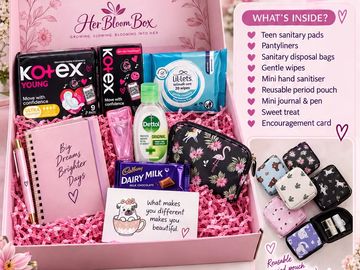A self-care Her Bloom Box with feminine hygiene and wellness products.