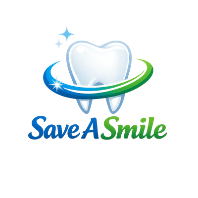 A shiny tooth with a blue and green swoosh encircling it, accompanied by the text 'Save A Smile'.