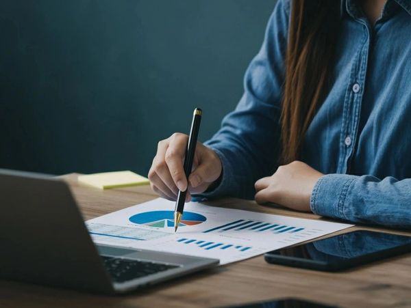 Person analyzing charts and graphs at a desk with laptop and smartphone.