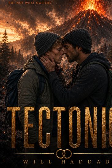 Two men about to kiss in front of an erupting volcano.