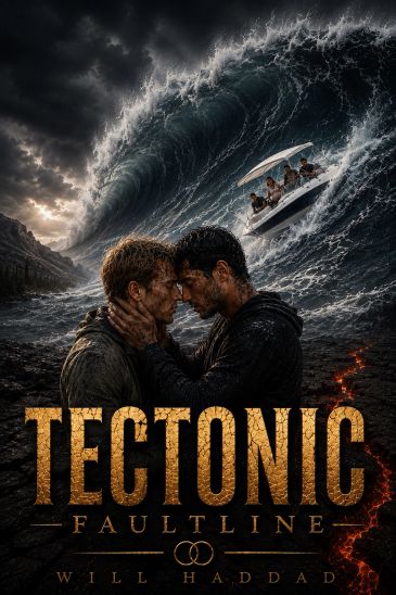 Two men embrace amid a giant wave and geological disaster.