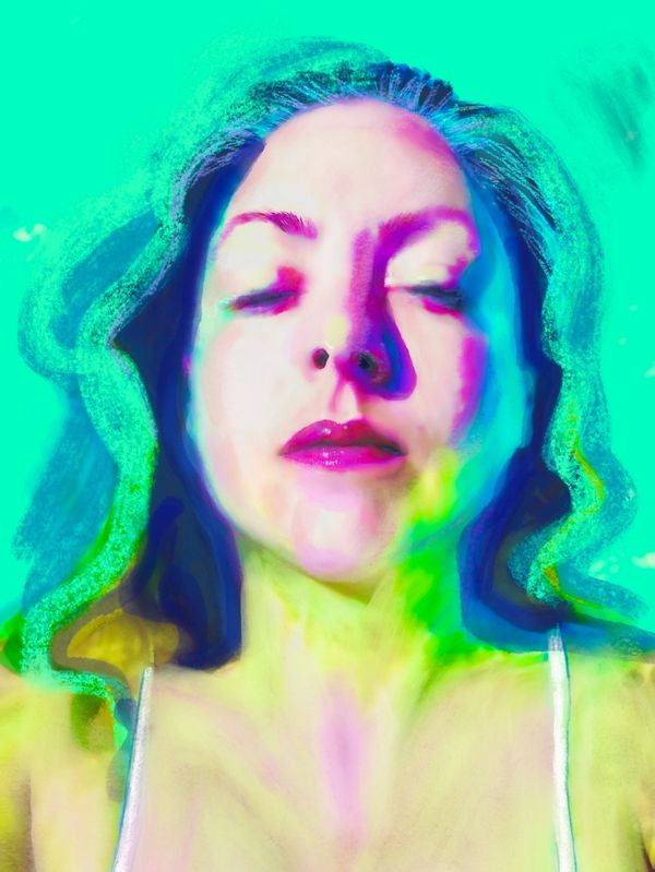 Abstract digital portrait of a woman with closed eyes and vibrant colors.