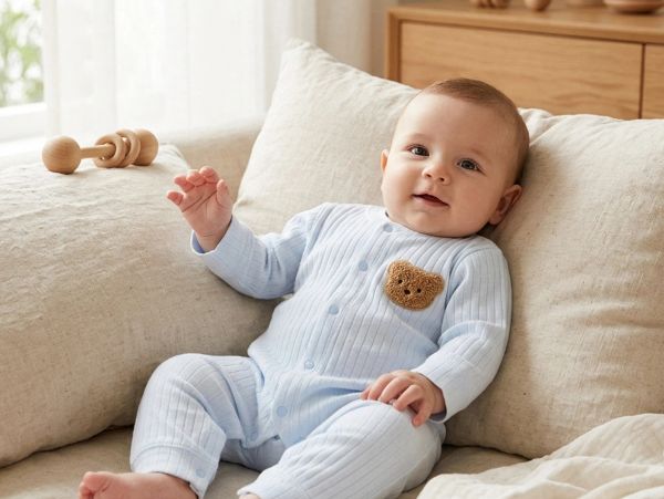 Baby in blue onesie with teddy bear detail sitting on a couch.