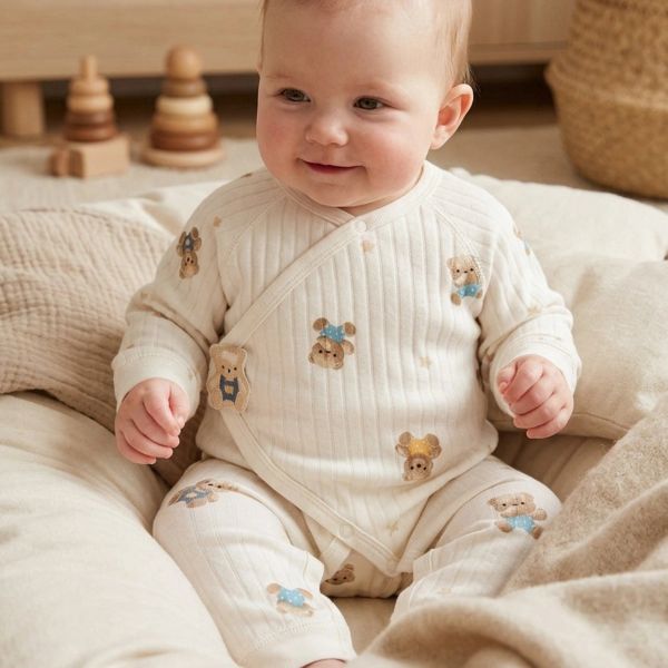 Smiling baby in cozy bear-patterned pajamas.