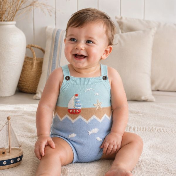 Smiling baby in a nautical-themed romper.