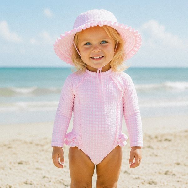 Toddler in pink swimsuit and hat at the beach.