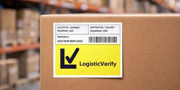 A shipping box with a LogisticVerify label for tracking and delivery.