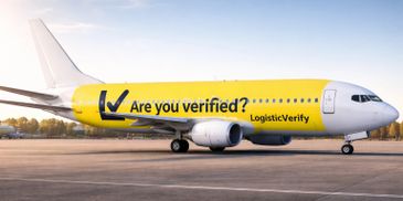 Airplane with yellow branding asking 'Are you verified?' by LogisticVerify.