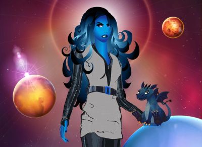 A blue-skinned woman with flowing hair stands with a small dragon in a cosmic setting.