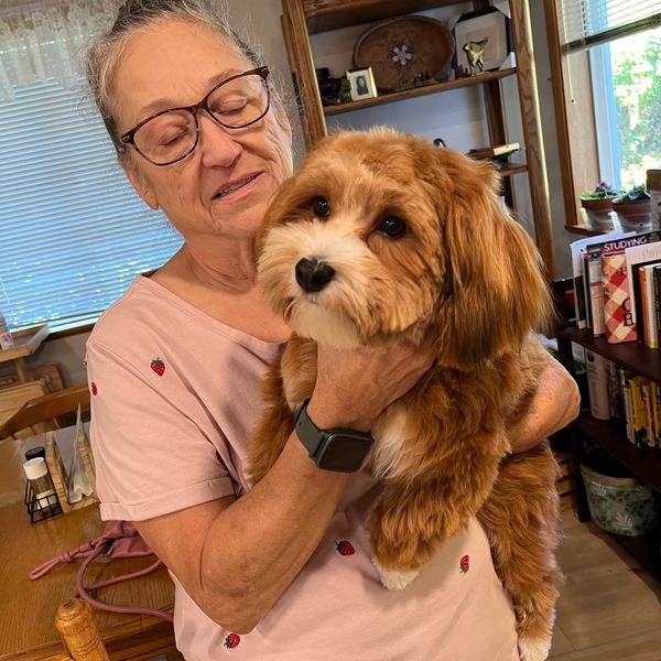 Woman holding a dog