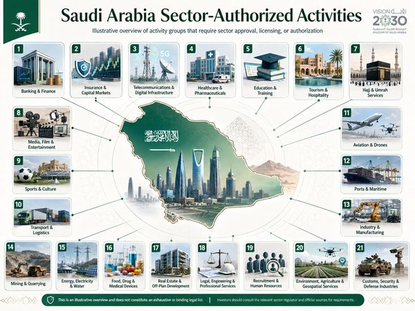 Infographic of Saudi Arabia's 21 sectors requiring authorization for activities.