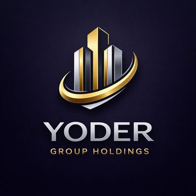 Sleek logo for Yoder Group Holdings with metallic buildings and gold swoosh.