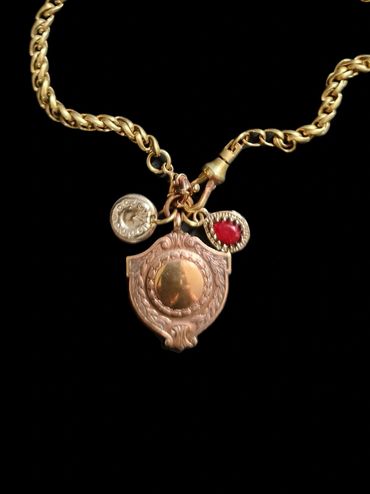 Antique Rose Gold Fill Sheild fob on vintage brass chain with new handmade horseshoe & unknown charm