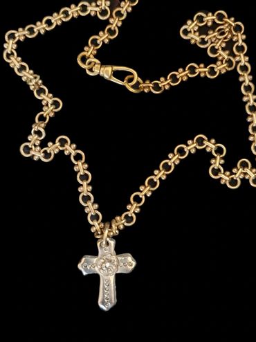 Handmade Gold Cross with forget-me-not emblem, made of solid bronze on solid brass chain, love token