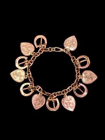 Handmade charm bracelet on brass link chain with Victorian & Edwardian rose gold plated charms 