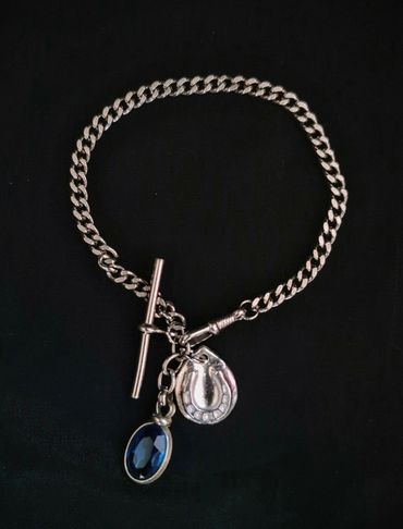 Bracelet. Handmade fine silver lucky horseshoe charm (999)  on original 1930's antique watch chain 