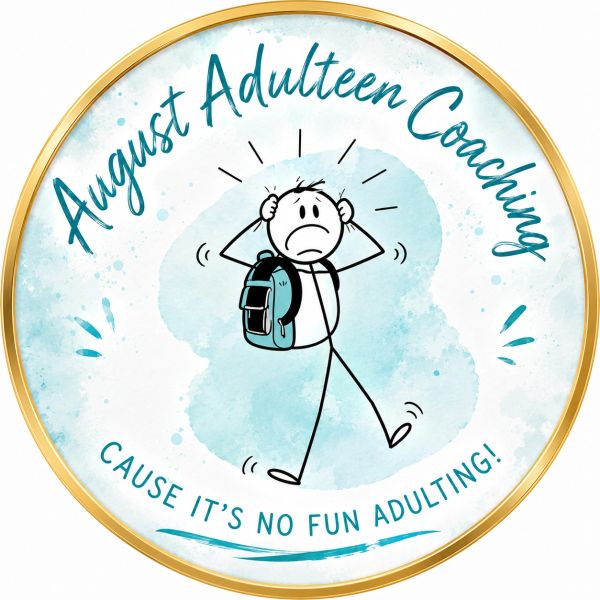 August Adulteen Coaching logo with a stressed stick figure.