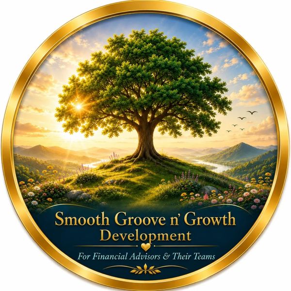 Logo with a tree and sunset for Smooth Groove n' Growth Development.