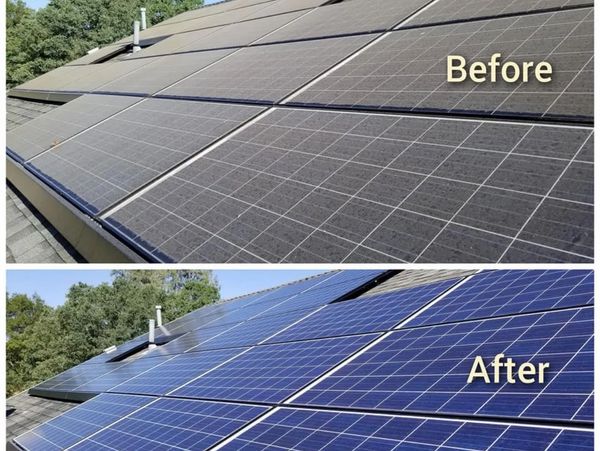 A before and after picture of solar panels being dirty and then cleaned.