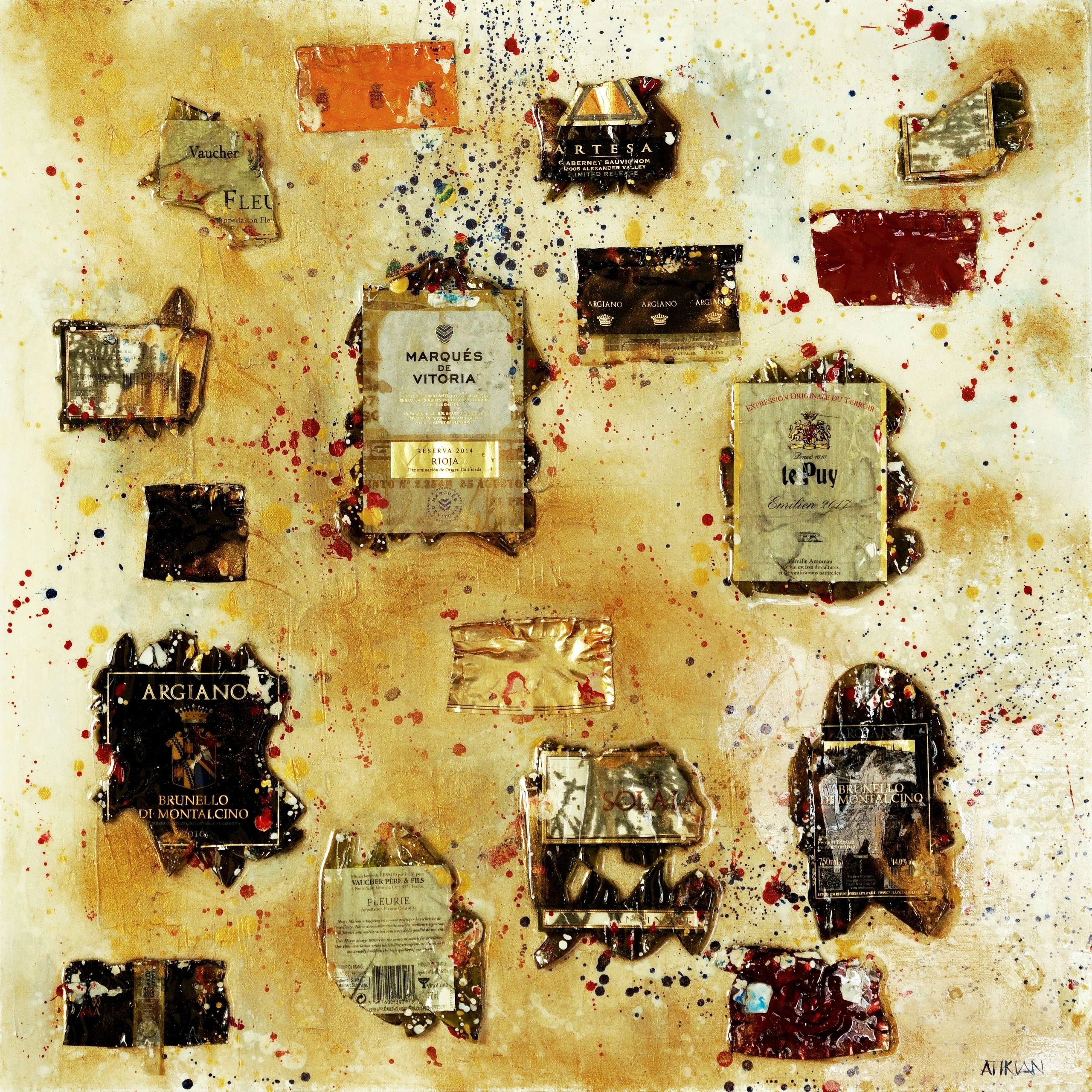 artwork painting made of acrylic on canvas with wine bottle fragments and wine labels