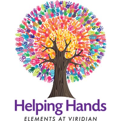 Colorful handprints form a tree with 'Helping Hands' text below.