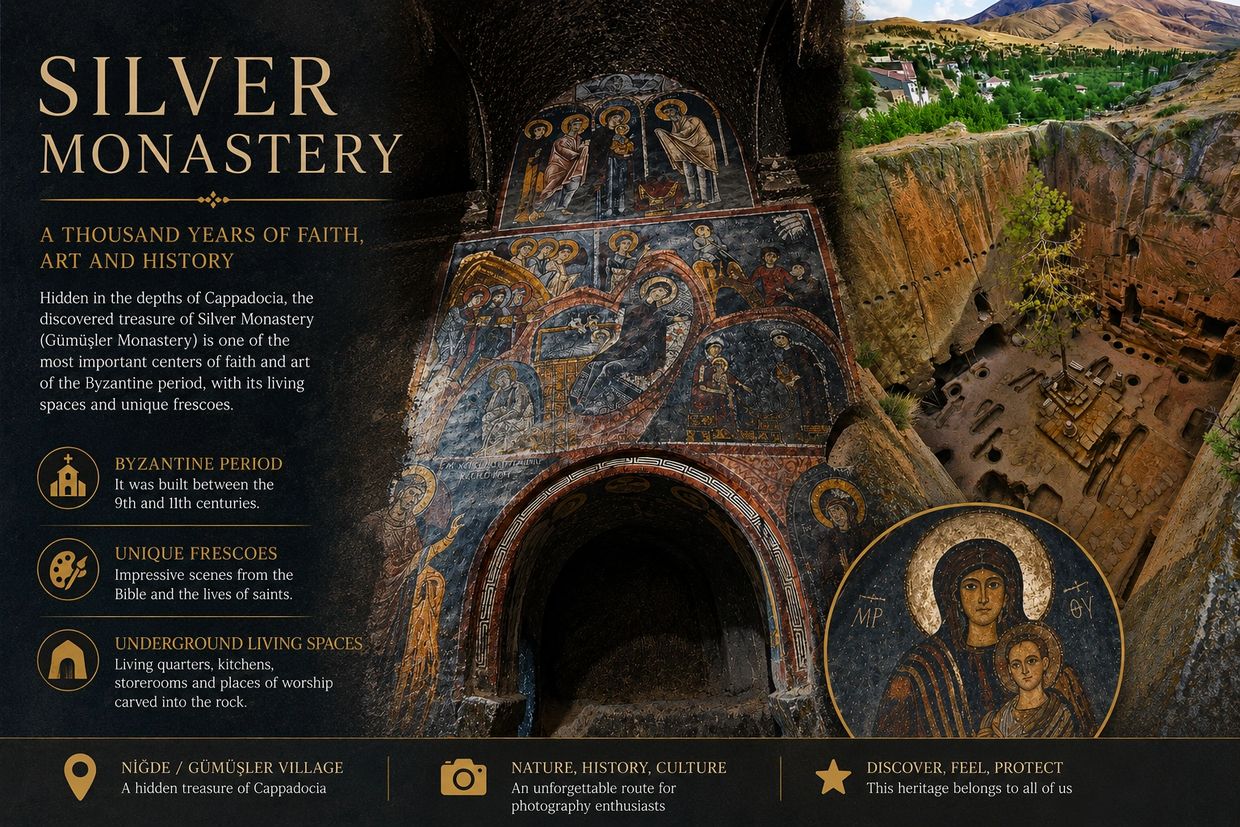 Silver Monastery in Cappadocia features Byzantine frescoes and underground living spaces.