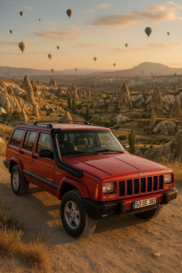 "Red 4x4 Jeep in Cappadocia valley during sunrise jeep safari tour with hot air balloons 
