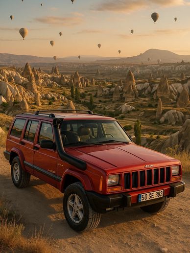 Cappadocia Jeep Tour driving through scenic valleys with fairy chimneys and panoramic landscapes"
