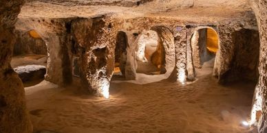 Ancient underground city in Cappadocia with tunnels, chambers, and ventilation shafts used 8000 bc
