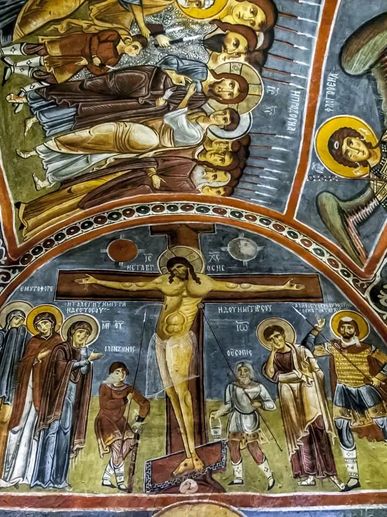 Ancient frescoes inside cave churches at Göreme Open-Air Museum in Cappadocia, Turkey