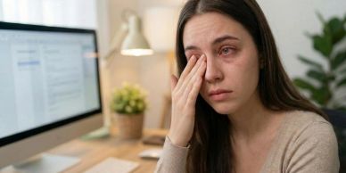 Person experiencing irritated, red and uncomfortable eyes associated with dry eye symptoms.