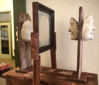 “As you see Yourself”
Ceramic masks and recycled lumber by William Aley #TheKrackedPotPottery