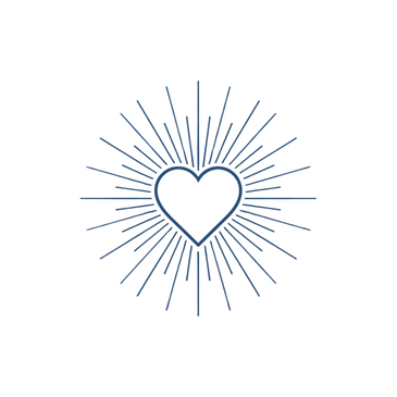 Blue heart with radiating rays on a black background.