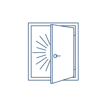 Blue icon of an open door with rays shining from behind.