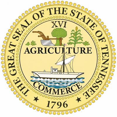 The Great Seal of Tennessee featuring agriculture and commerce symbols.