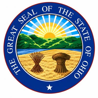 The Great Seal of the State of Ohio with a sunrise and wheat fields.