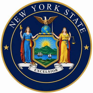 Seal of New York State with symbolic figures and motto.