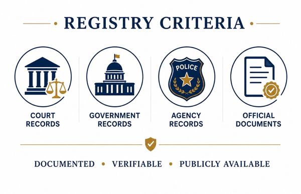 Icons representing court, government, agency records, and official documents as registry criteria.