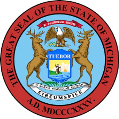 The Great Seal of the State of Michigan with animals and symbols.
