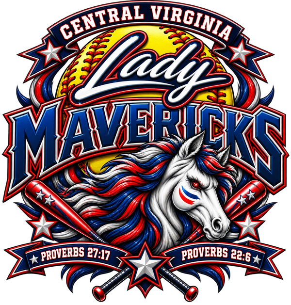 Central Virginia Lady Mavericks logo with horse and baseball theme.