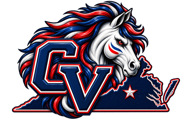 Patriotic horse logo with CV initials and Virginia map.
