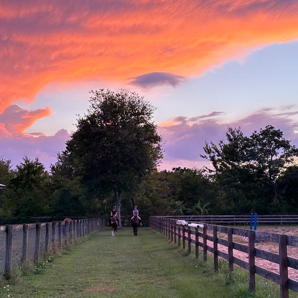 Two riders on horses under a vibrant orange and purple sunset sky.