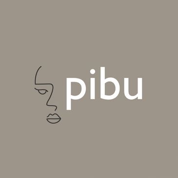 Minimalist logo with abstract face and 'pibu' text on muted background.