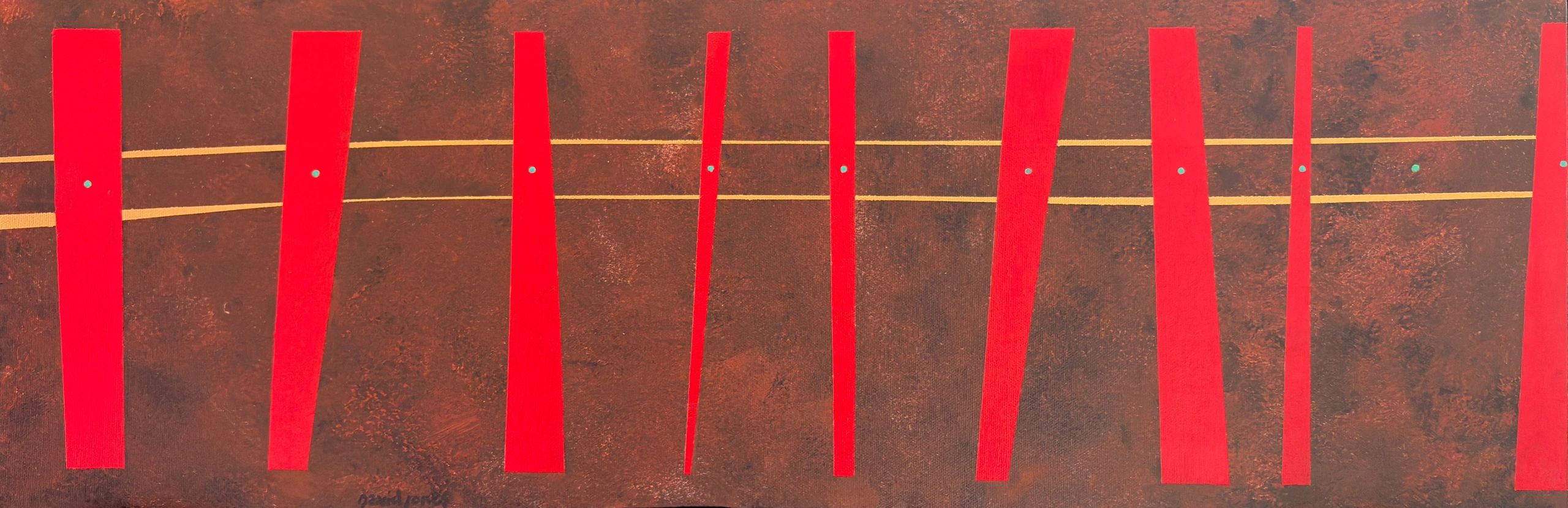 Abstract art with red vertical shapes and horizontal lines on brown.