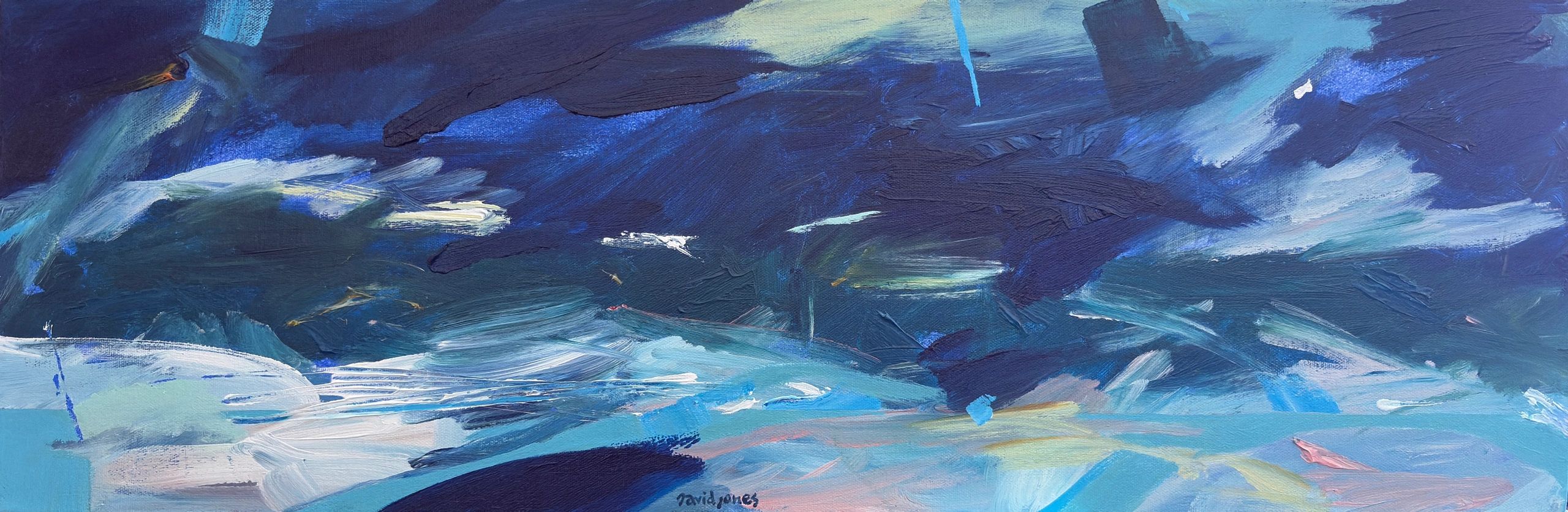 Abstract blue and white brushstroke painting.