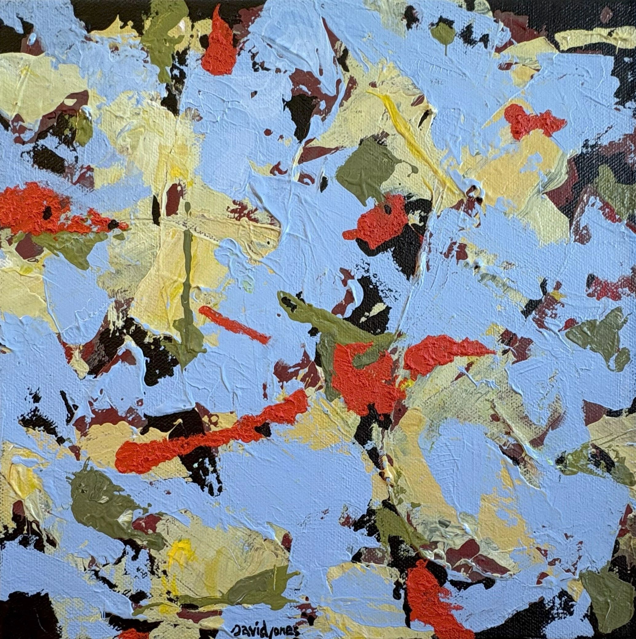Abstract painting with textured blue, red, green, and yellow patches.