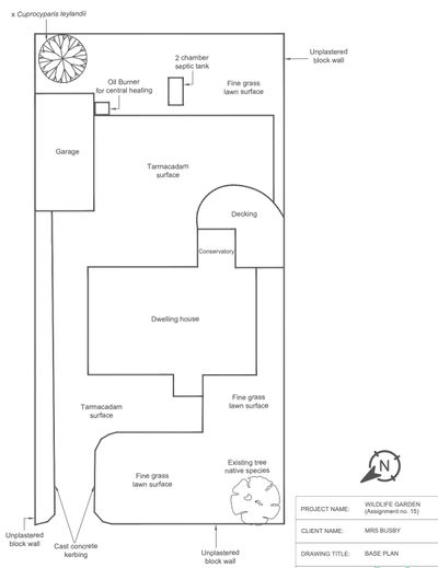Architectural base plan for a wildlife garden with labeled zones and features.