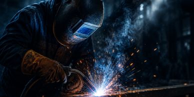 A welder wearing protective gear sparks bright blue and orange flames.
