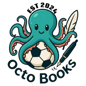 Cute octopus holding a soccer ball, pen, and feather with 'Octo Books' text.